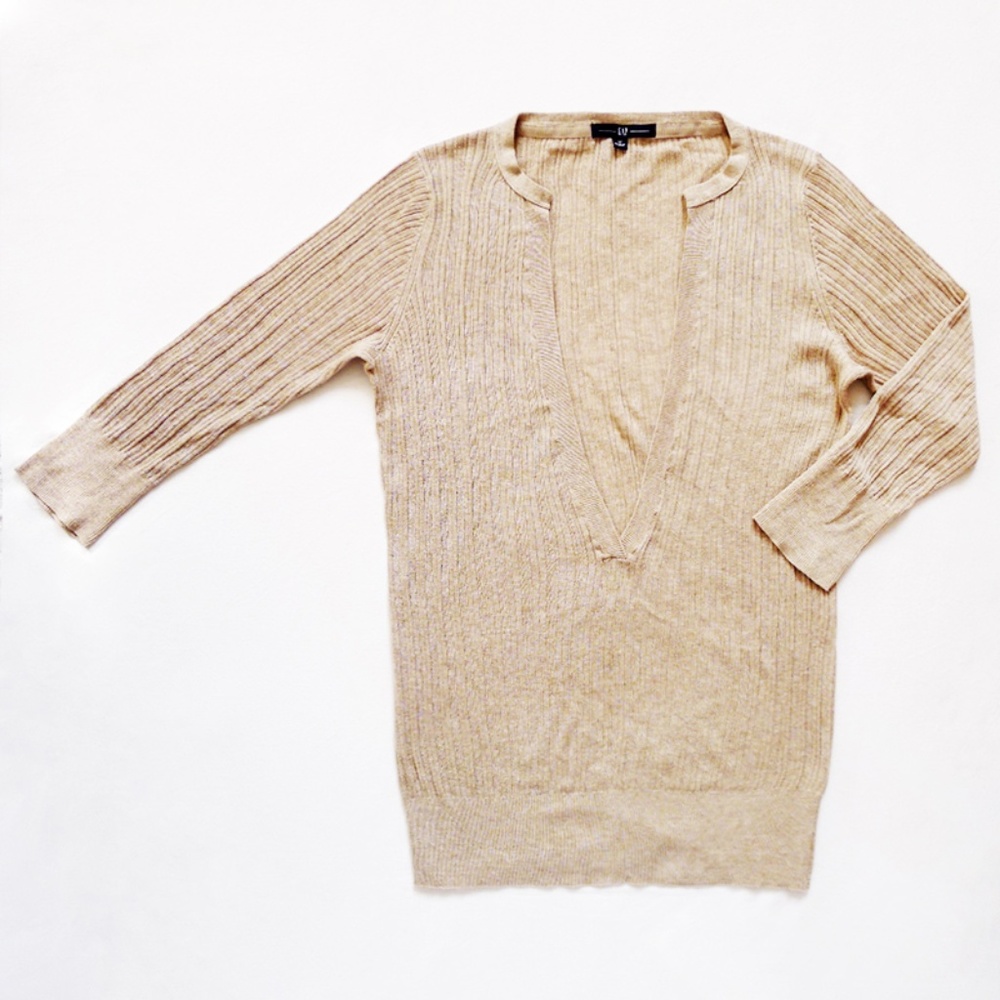 Deep V-Neck 3/4 Sleeves Ribbed Knit Pop Over Top M